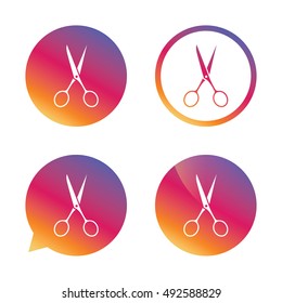 Scissors hairdresser sign icon. Tailor symbol. Gradient buttons with flat icon. Speech bubble sign. Vector