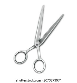 Scissors Hairdresser Tool For Make Haircut Vector. Metallic Scissors Equipment For Cut Hair In Beauty Salon Or Barbershop. Metal Material Barber Accessory Template Realistic 3d Illustration