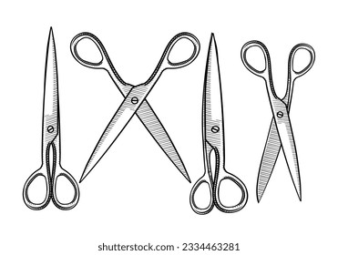 Scissors for hairdressers in four versions on a white background. All elements have a white background and are grouped. Vector illustration