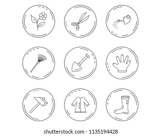 Scissors, hammer and gloves icons. Shovel, watering can and rake linear signs. Cloak, boots and flower flat line icons. Linear Circles web buttons with icons. Vector