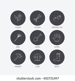 Scissors, hammer and gloves icons. Shovel, watering can and rake linear signs. Cloak, boots and flower flat line icons. Linear icons in circle buttons. Flat web symbols. Vector
