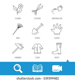 Scissors, hammer and gloves icons. Shovel, watering can and rake linear signs. Cloak, boots and flower flat line icons. Video cam, book and magnifier search icons. Vector