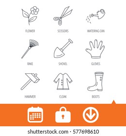 Scissors, hammer and gloves icons. Shovel, watering can and rake linear signs. Cloak, boots and flower flat line icons. Download arrow, locker and calendar web icons. Vector