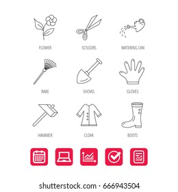Scissors, hammer and gloves icons. Shovel, watering can and rake linear signs. Cloak, boots and flower flat line icons. Report document, Graph chart and Calendar signs. Laptop and Check web icons