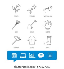 Scissors, hammer and gloves icons. Shovel, watering can and rake linear signs. Cloak, boots and flower flat line icons. Report file, Graph chart and Chat speech bubble signs. Vector