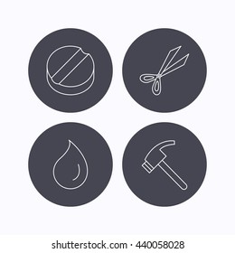 Scissors, hammer and tablet icons. Water drop linear sign. Flat icons in circle buttons on white background. Vector