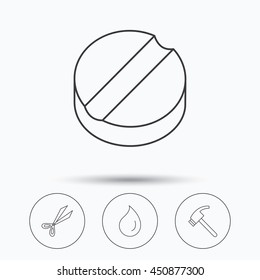 Scissors, hammer and tablet icons. Water drop linear sign. Linear icons in circle buttons. Flat web symbols. Vector