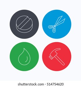 Scissors, hammer and tablet icons. Water drop linear sign. Linear icons on colored buttons. Flat web symbols. Vector