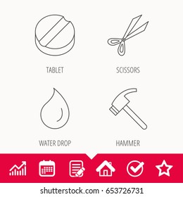 Scissors, hammer and tablet icons. Water drop linear sign. Edit document, Calendar and Graph chart signs. Star, Check and House web icons. Vector