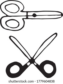 scissors hand drawn in doodle style. vector, scandinavian, monochrome. set elements for design sticker, icon, card, poster. chancery, school, office, tool, cut shear