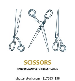 Scissors. Hand Drawn Scissors Vector Illustrations Set.
Vintage Scissors Sketch Drawing Icon.
