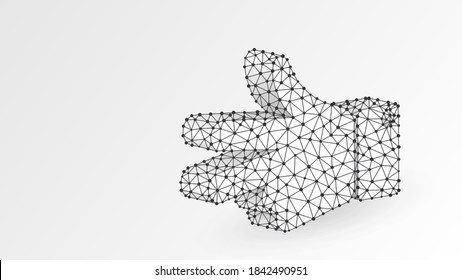 Scissors hand gesture. Abstract digital wireframe, low poly mesh, polygonal vector white origami 3d illustration. Rock, Paper, Scissors game. Peace or victory solution concept. Line, dot