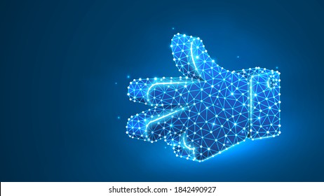 Scissors hand gesture. Rock, Paper, Scissors game. Peace or victory solution concept. Abstract digital wireframe, low poly mesh, polygonal vector blue neon 3d illustration. Line, dot