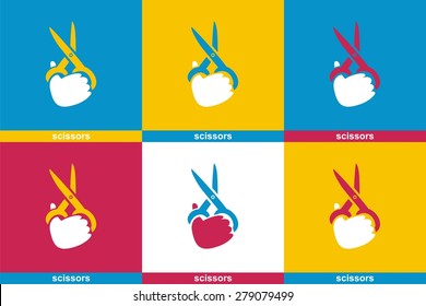 scissors in hand a set of simple color icon