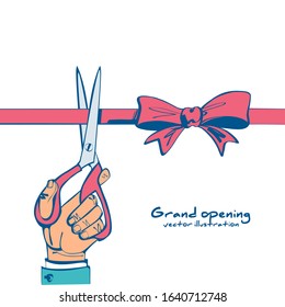 Scissors in hands of man cut red ribbon. Grand opening concept. Ceremony, celebration, presentation and event. Vector illustration sketch style. Cartoon creative design. Isolated on white background.