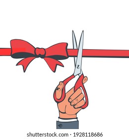 Scissors in hands of man cut red ribbon. Grand opening concept. Ceremony, celebration, presentation and event. Vector illustration sketch style. Cartoon creative design. Isolated on white background.