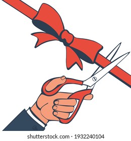 Scissors in hands of man cut red ribbon. Grand opening concept. Ceremony, celebration, presentation and event. Vector illustration sketch style. Cartoon creative design. Isolated on white background.