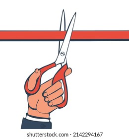 Scissors in hands of man cut red ribbon. Grand opening concept. Ceremony, celebration, presentation and event. Vector illustration sketch style. Cartoon creative design. Isolated on white background.