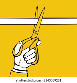 Scissors in hands of man cut ribbon. Grand opening concept. Ceremony, celebration, presentation and event. Vector illustration sketch style. Cartoon creative design. Isolated on white background.