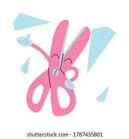 scissors with happy face cartoon, school supplies vector illustration design