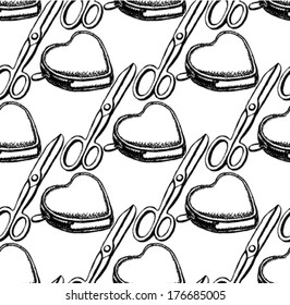 Scissors and heart wallet sketch, vector seamless pattern 