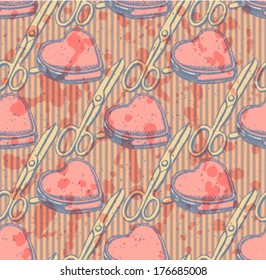 Scissors and heart wallet sketch, vector seamless pattern 