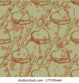 Scissors and heart wallet sketch, vector seamless pattern 