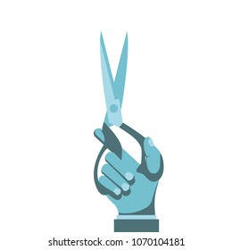 Scissors holding in hand, isolated on white background. Vector illustration flat design. Can be used as a template for opening and presentation. 