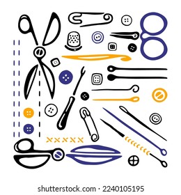 Tijeras, ganchos y agujas. Logo en blanco y negro. Colección de iconos dibujados a mano. Ilustración vectorial sobre fondo blanco.