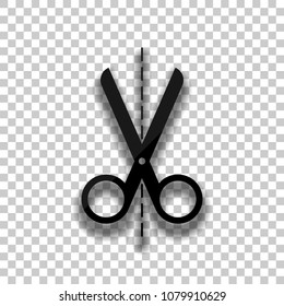 scissors icon. Black glass icon with soft shadow on transparent background