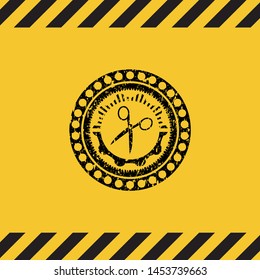 scissors icon black grunge emblem inside yellow warning sign. Vector Illustration. Detailed.