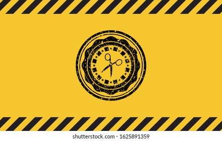 scissors icon black grunge emblem inside yellow warning sign. Vector Illustration. Detailed.