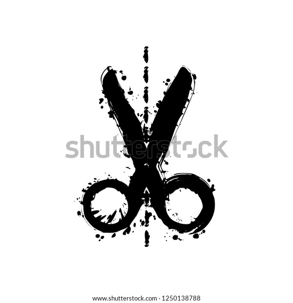 scissors icon. Black ink with splashes on\
white background