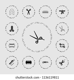 Scissors icon. collection of 13 scissors filled and outline icons such as comb, crop, cutter, hair curler. editable scissors icons for web and mobile.