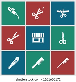 Scissors icon. collection of 9 scissors filled icons such as comb, hair curler, beauty salon. editable scissors icons for web and mobile.