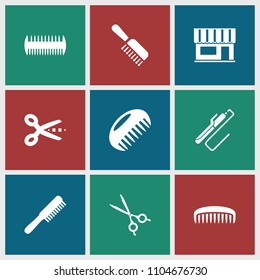 Scissors icon. collection of 9 scissors filled icons such as comb, beauty salon. editable scissors icons for web and mobile.