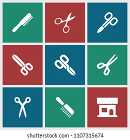 Scissors icon. collection of 9 scissors filled icons such as comb. editable scissors icons for web and mobile.