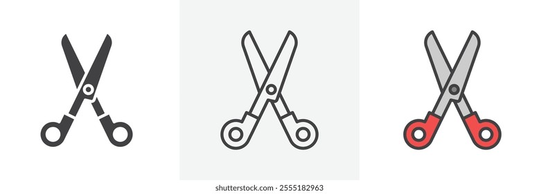 Scissors icon collection in black and colored style.