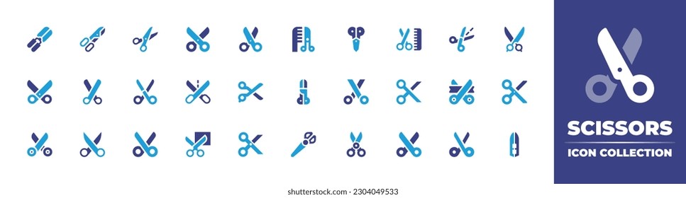 Scissors icon collection. Duotone color. Vector illustration. Containing scissors, grooming, barber, inauguration, cut, sewing scissors. 