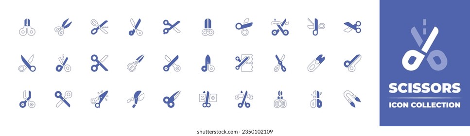 Scissors icon collection. Duotone style line stroke and bold. Vector illustration. Containing scissors, cut out, opening ceremony, scissor, cut, trimming, shears, tax, sewing, and more.