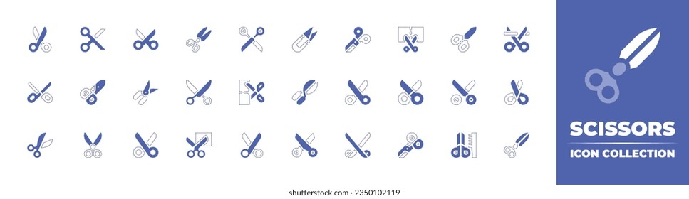 Scissors icon collection. Duotone style line stroke and bold. Vector illustration. Containing scissors, scissor, tailor scissors, handheld, sterilization, pruning shears, comb, and more.