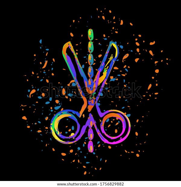 scissors icon. Colored ink with splashes on\
black background