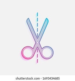 scissors icon. Colored logo with diagonal lines and blue-red gradient. Neon graphic, light effect