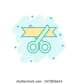 Scissors icon in comic style. Cutting ribbon vector cartoon illustration on white isolated background. Ceremonial business concept splash effect.