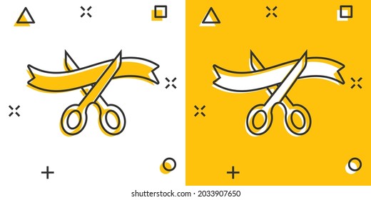 Scissors icon in comic style. Cutting ribbon vector cartoon illustration on white isolated background. Ceremonial business concept splash effect.