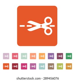 The scissors icon. Cut here symbol. Flat Vector illustration. Button Set