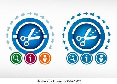 Scissors icon with cut lines and creative design elements. Flat design concept.