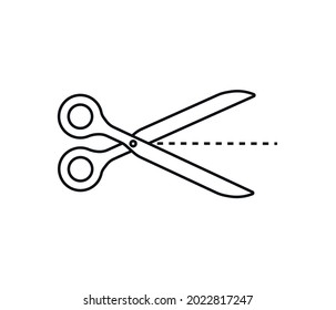 Icono de tijeras con líneas de corte aisladas en fondo blanco. Símbolo de vector