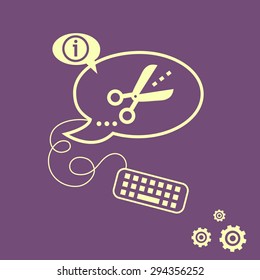 Scissors icon with cut lines and keyboard design elements. Line icons for application development, web page coding and programming, creative process