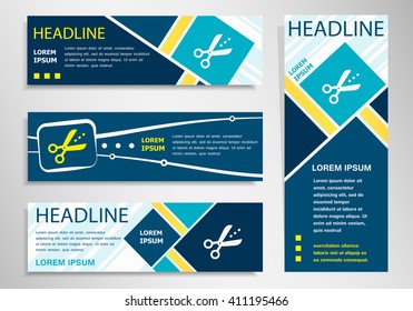 Scissors icon with cut lines on horizontal and vertical banner. Shears symbol abstract banner, flyer design template. 